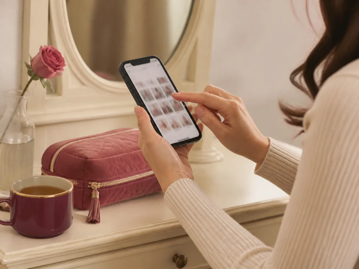 スマートフォンで写真候補を見比べる成人女性のブランドイメージ